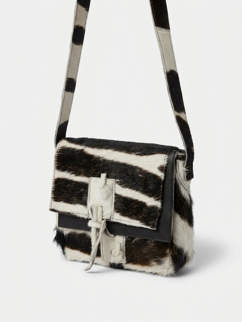 Zebra-Pattern Haircalf Crossbody Bag in Black and White